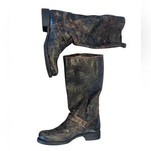 Frye Veronica Slouch Distressed Cracked Brown Leather Tall Buckle Boots - 9.5